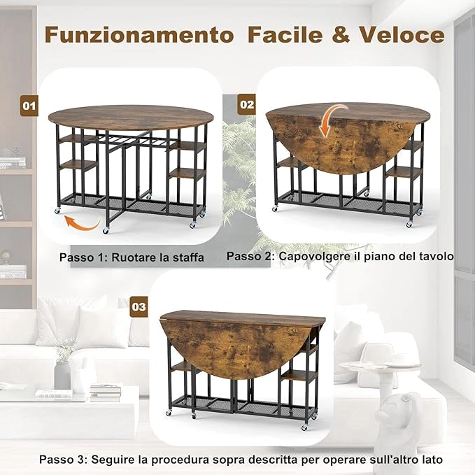 Set da Pranzo Pieghevole a 3 Pezzi, Tavolo da Cucina Rotondo con Ampio Piano e 2 Sgabelli, Scaffali e 6 Ruote Universali, Tavolo da Pranzo per Soggiorno, Sala da Pranzo e Cucina