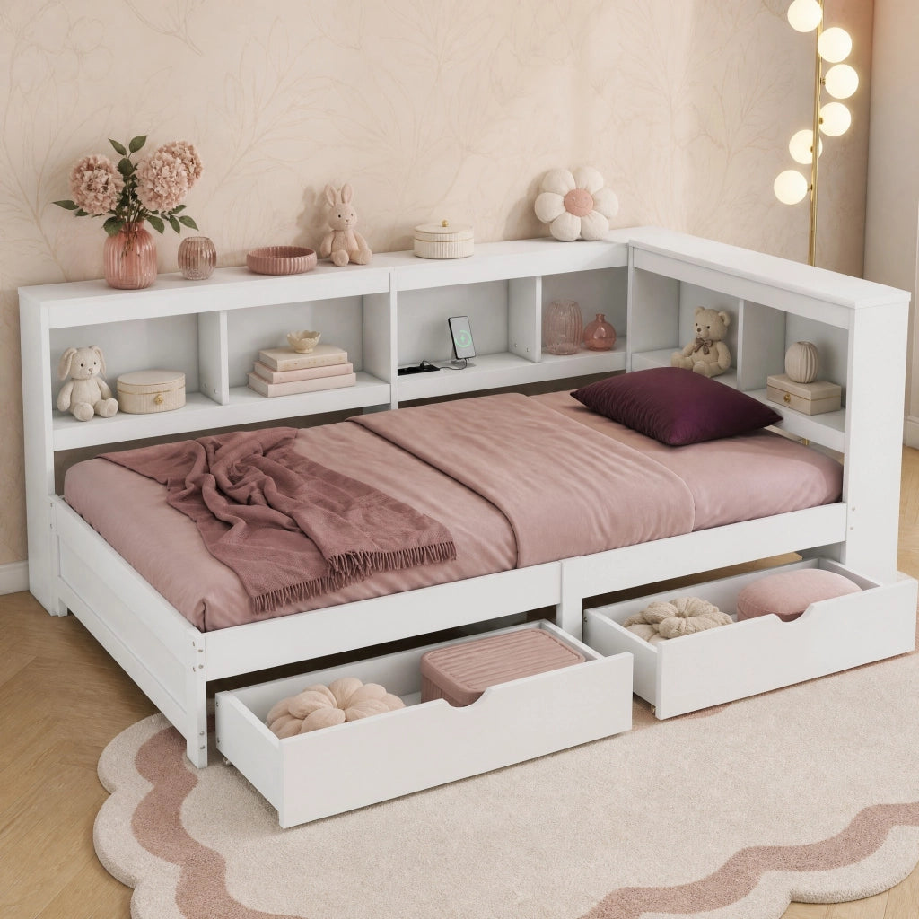 LETTO 90x200 cm con 2 cassetti, prese e 2 porte USB, Bianco
