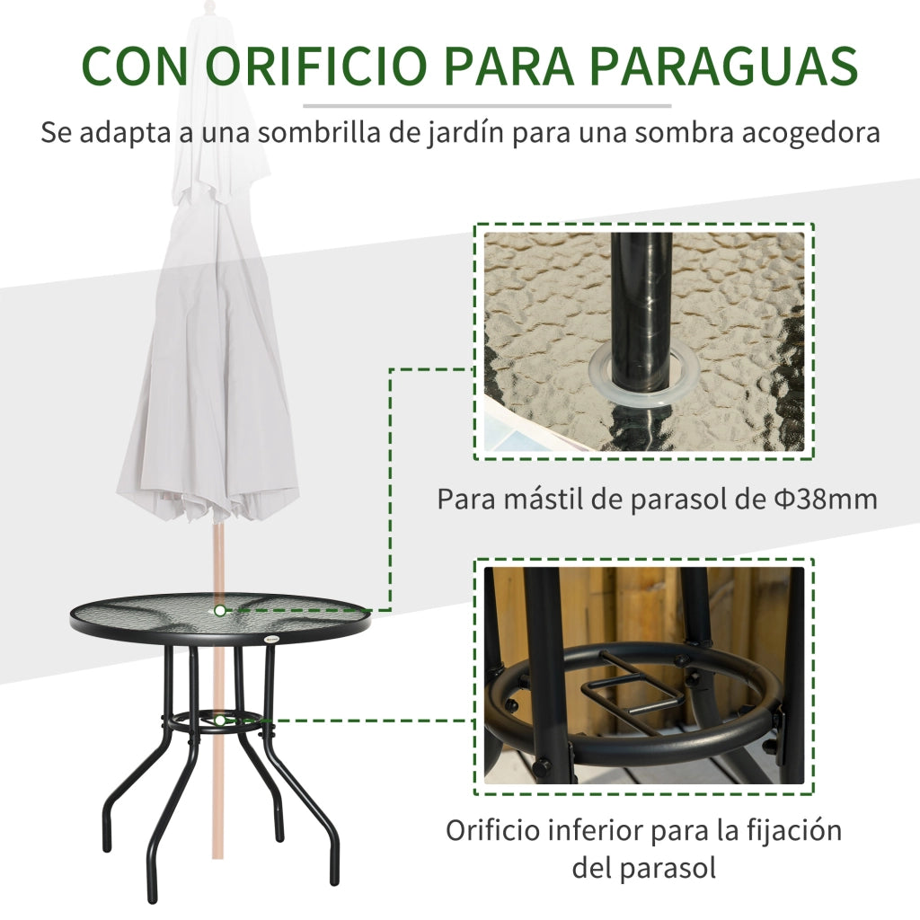 Tavolino da giardino con ombrellone e piano in vetro temperato ¨C zephmum ¨C nero 80x72 cm