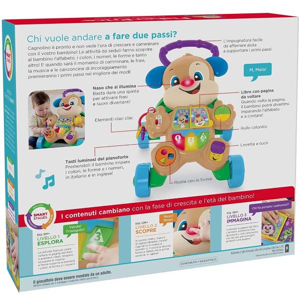 Fisher-price cagnolino primi passi - ridi & impara, edizione multilingue, giocattolo musicale per camminare giocattolo per neonati e bambini da 6+ mesi - HHX15