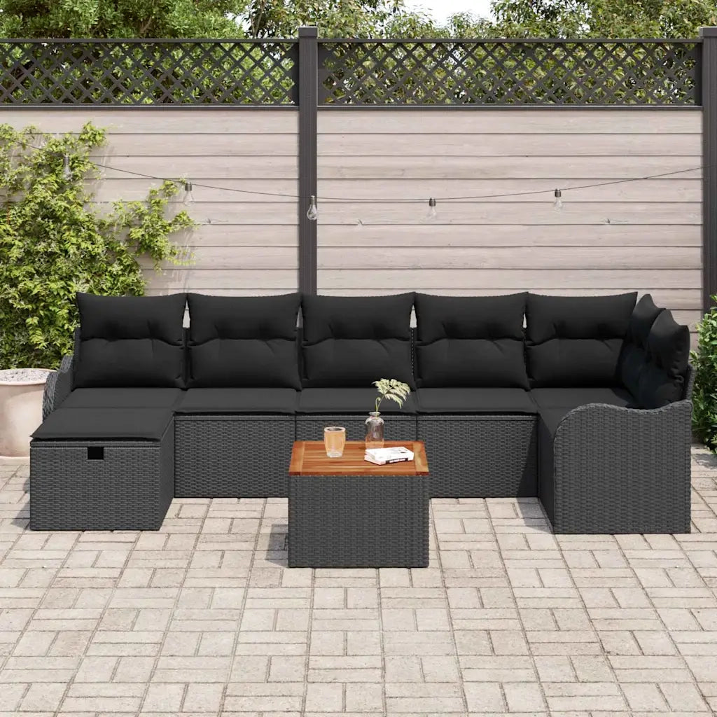Set Divano da Giardino con cuscino 8 pcs Nero Poly Rattan