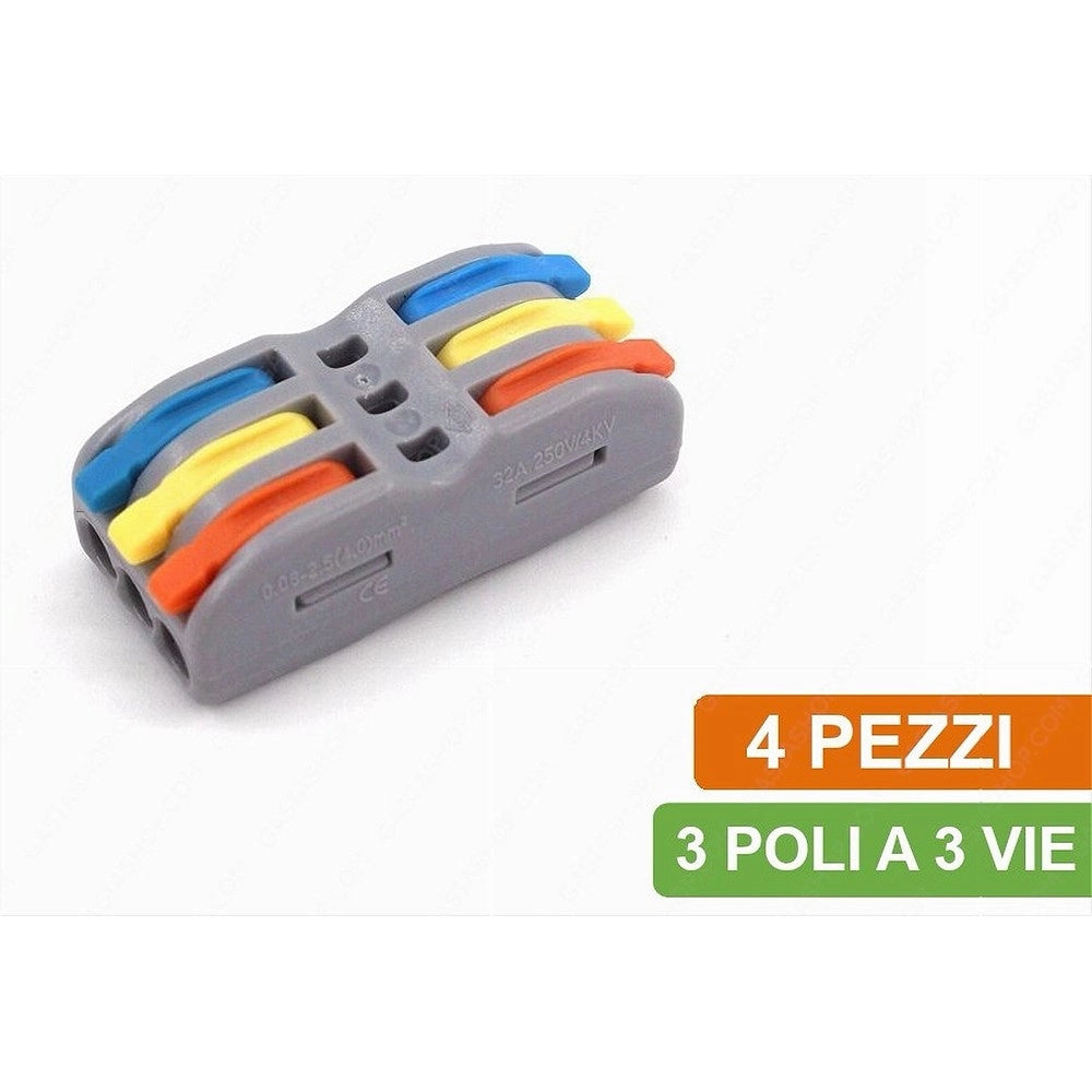 Trade Shop - Confezione 4 Connettori Morsetto Di Collegamento Universale 3 Poli A 3vie Mo-3a3 -