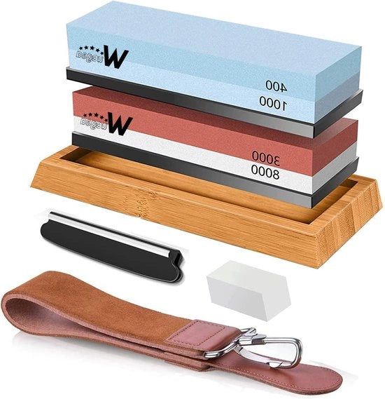 Set di Pietra di Affilatura Professionale - Pietra di Affilatura Doppia Faccia 400/1000 e 3000/8000 - Con Otre di Silicone e Lame di Lino - 8 in 1 Set di Pietra di Affilatura con Diamanti