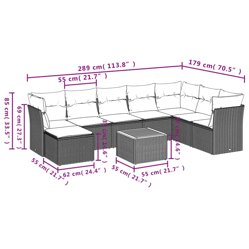 Set Divano da Giardino 9 pz con Cuscini Beige in Polyrattan 3223784