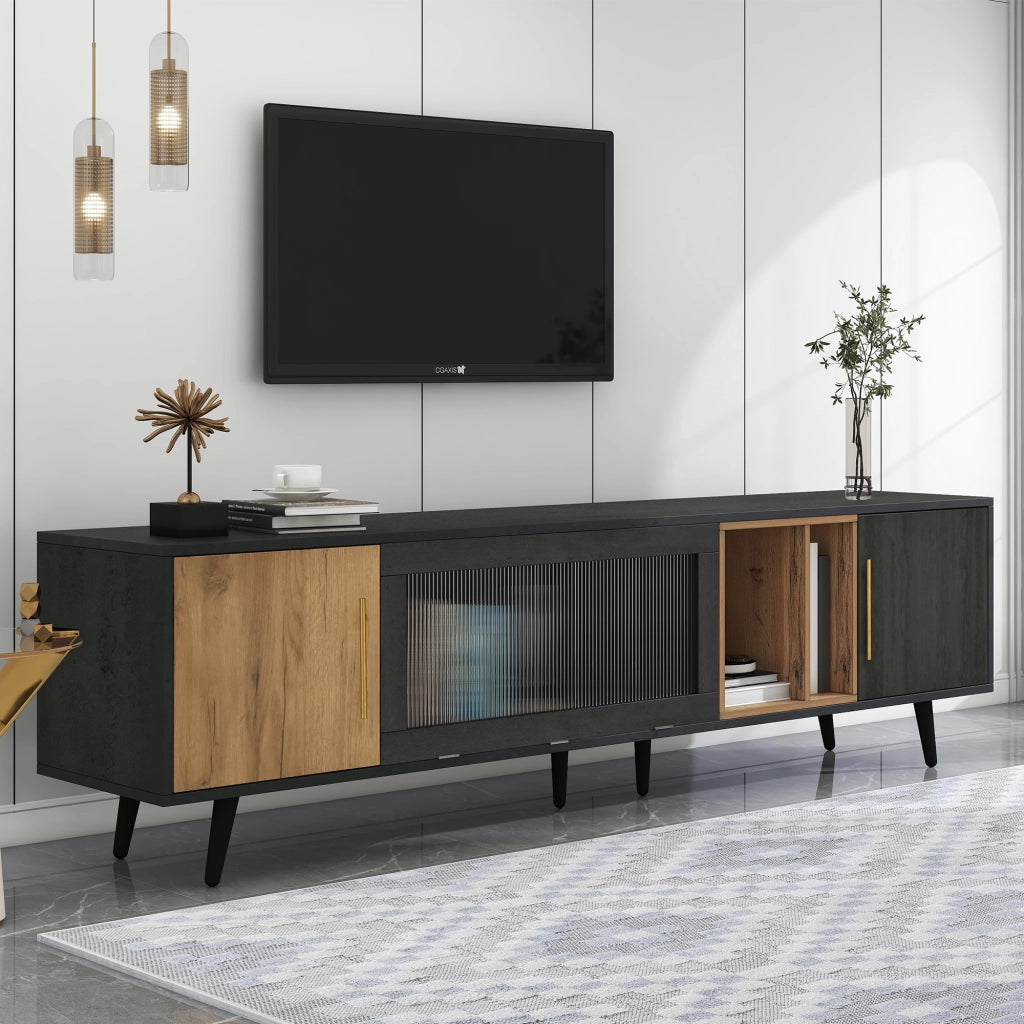 OKWISH Mobile TV con 3 Ante e 1 Vano Aperto, Passacavi, per Soggiorno, MDF, Grigio, 200 × 40 × 55.5 cm