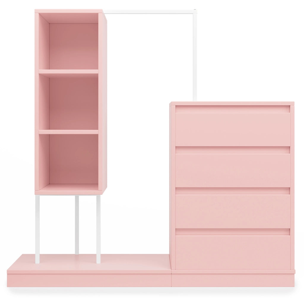 Mobile guardaroba 100x40x135 cm con quattro cassetti e barra appendiabiti in truciolare e metallo rosa e bianco
