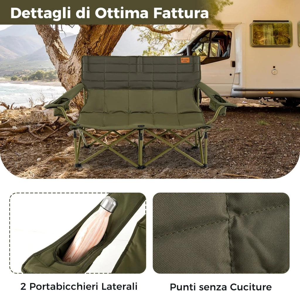 Sedia da Campeggio per 2/3 Persone, Divano per Picnic Pieghevole con Braccioli Regolabili e Portabicchieri, Sedia da Esterno Portatile con Borsa da Trasporto (147 x 69 x 82 cm,Verde)