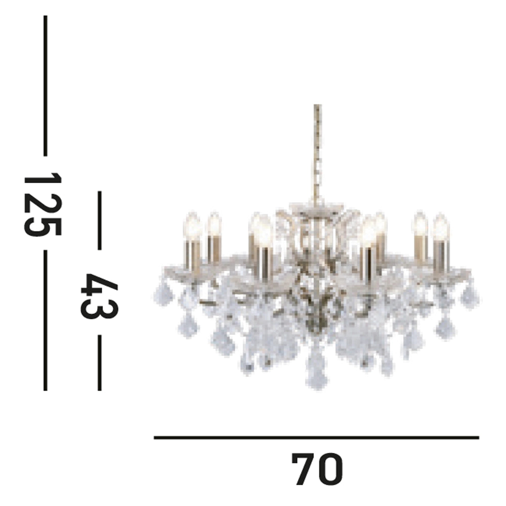 Lampadario Classico Parigi Acciaio Ottone Vetro Trasparente 8 Luci E14
