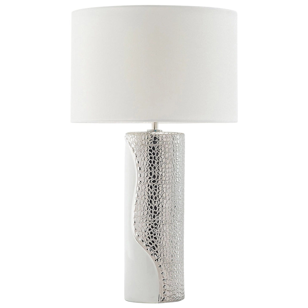 Lampada da tavolo Lampada da comodino con paralume a tamburo in finta seta con base a colonna in ceramica bianca