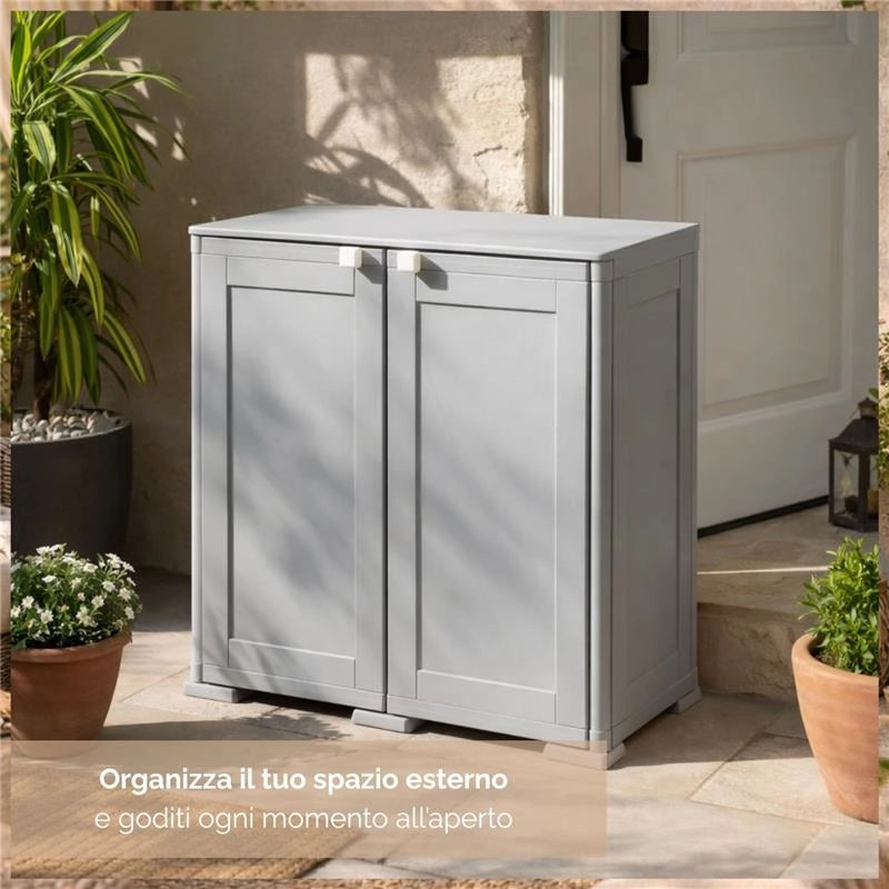 ARMADIO DA ESTERNO COPERTO GRIGIO 2 ANTE 79X43X85,5 CM CON MODULO E RIPIANO – MOBILE ORGANIZZATORE COMPATTO