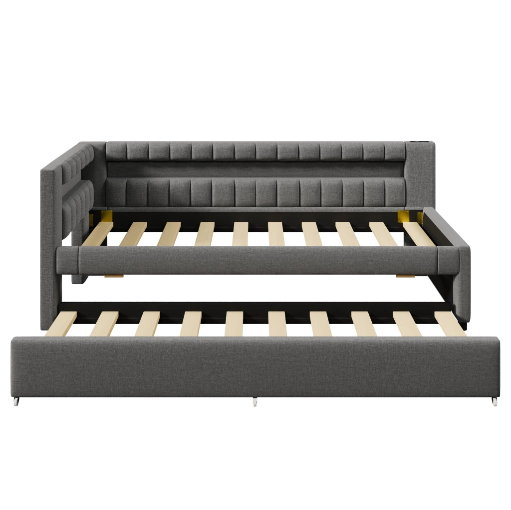 Letto 90x200 cm con letto estraibile; LED e USB Type-C in lino grigio