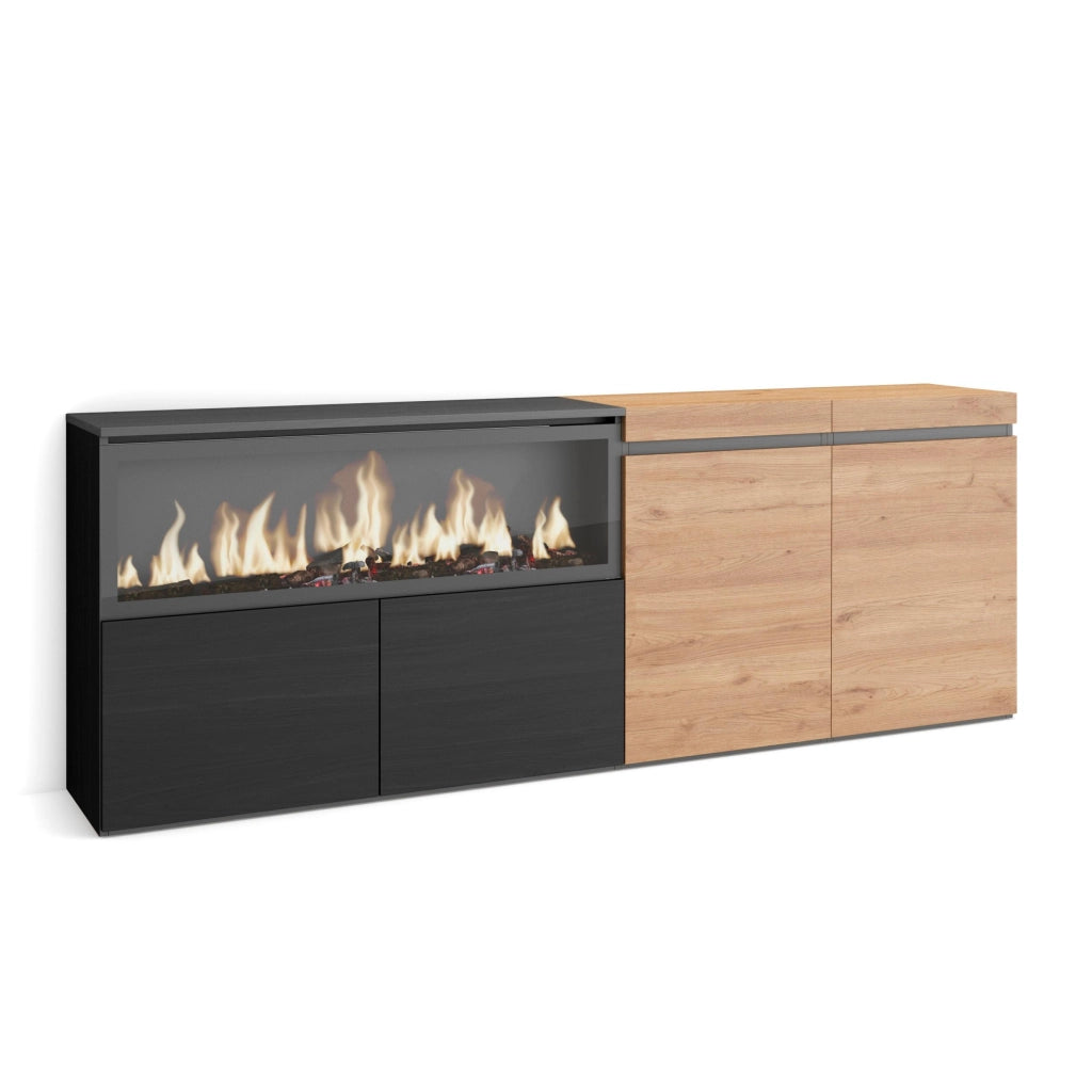 Credenza, Mobile, 208x35x75cm, 4 Porte, Camino elettrico XXL, colore Rovere e nero RF3219