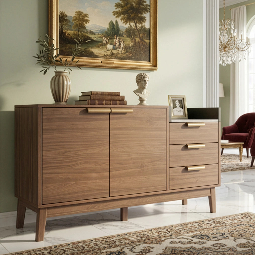 CASSETTIERA 120x40x77 cm in rovere scuro con piano effetto marmo e 3 cassetti
