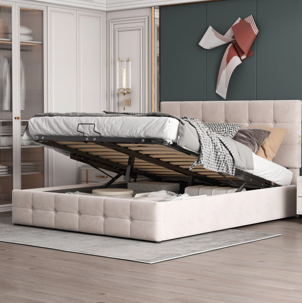 Letto imbottito con contenitore idraulico in velluto crema