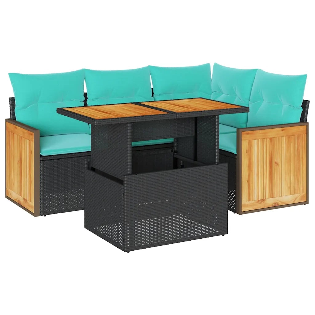 Set Divani da Giardino 5 pz con Cuscini Nero Polyrattan Acacia