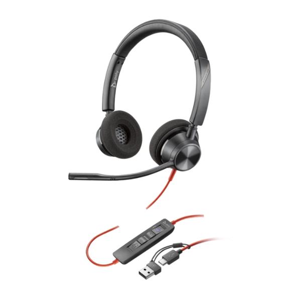 Poly cuffie stereo blackwire 3320 con connettore usb-c, certificate per microsoft teams + adattatore usb-c/a - 8X220AA