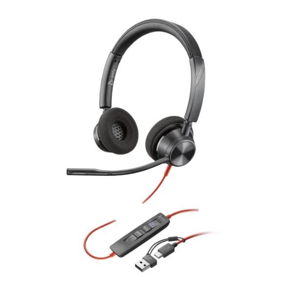 Poly cuffie stereo blackwire 3320 con connettore usb-c, certificate per microsoft teams + adattatore usb-c/a - 8X220AA