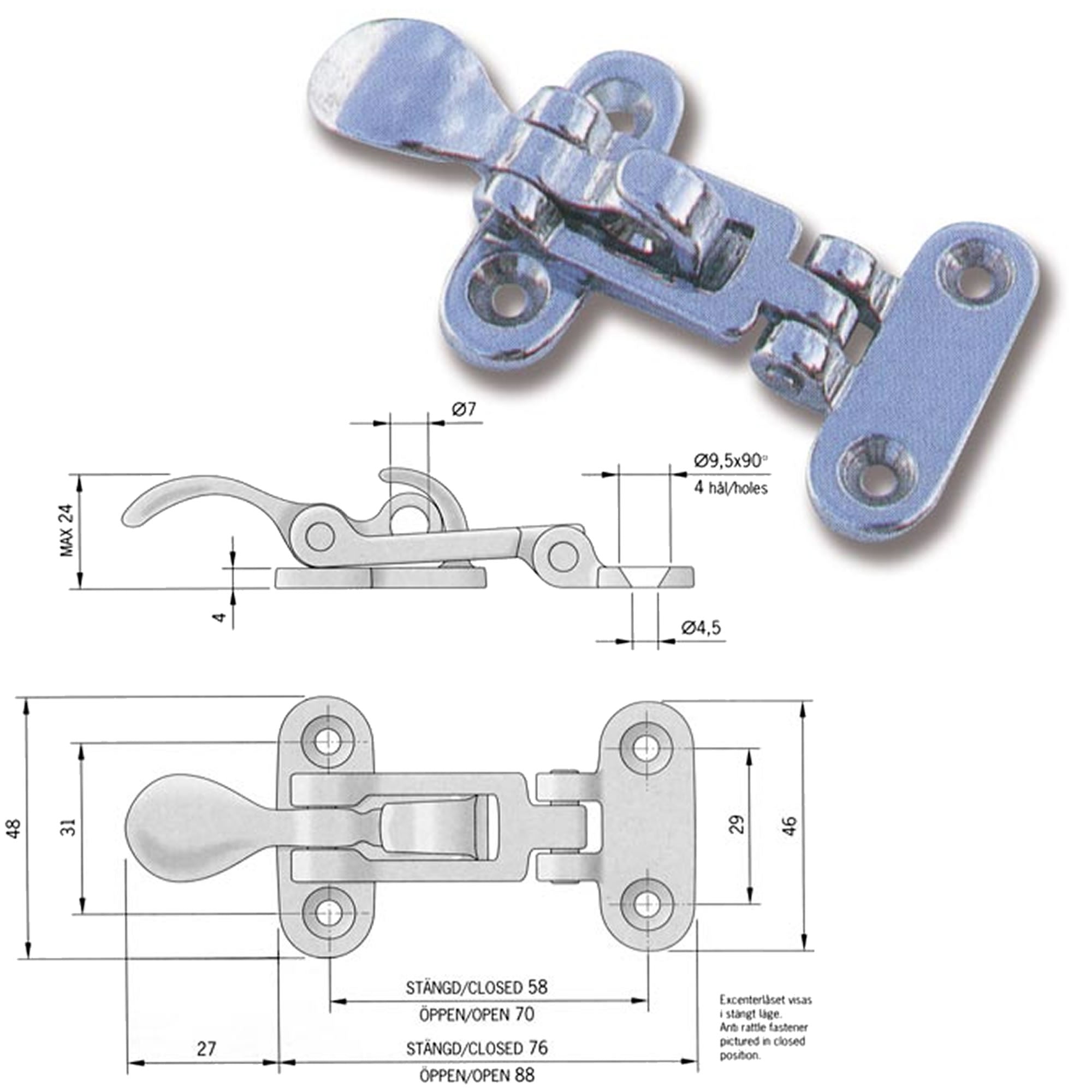 Chiusura a leva in ottone cromato 88x48 mm