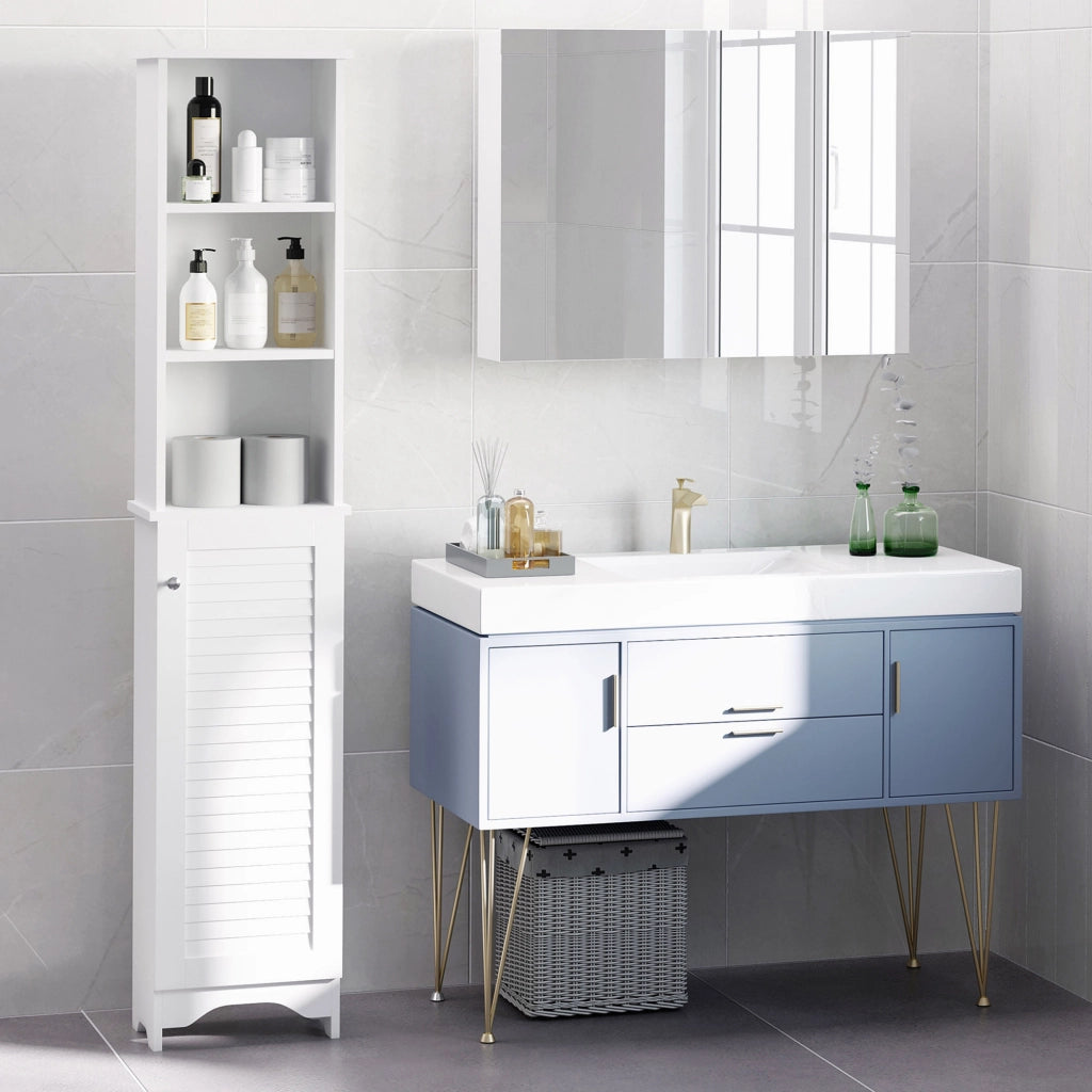 Colonna Bagno con Ripiani e Armadietto ¨C Zephmum ¨C Bianco, MDF e Truciolato, 34x20x165 cm