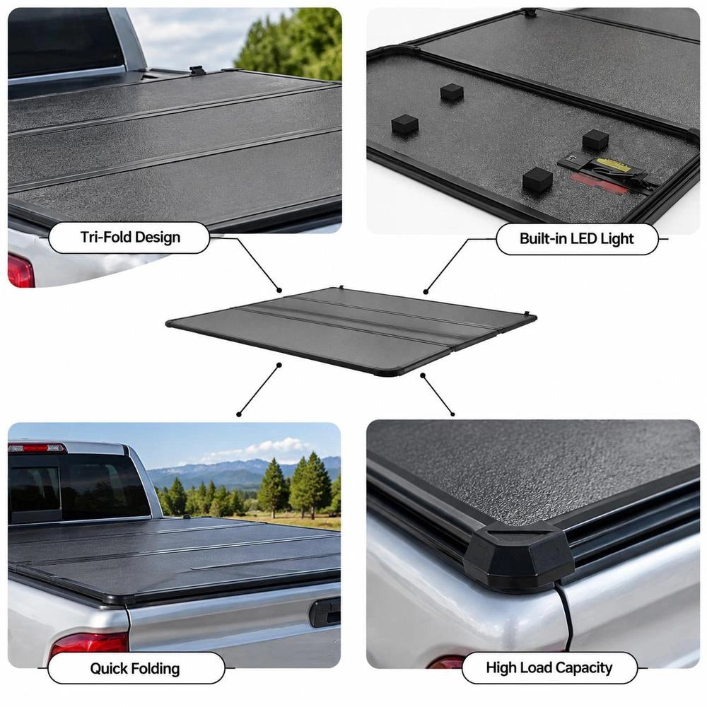 Tri-folding Tonneau Cover, Compatible With 2016-2023 Toyota Tacoma, 5' (60.5") Tonneau Bed, Fits Only 5.0' X 4.6' (60.5" X 55.0") Interior Tonneau Bed, 400 Lbs Load Capacity, LED Light