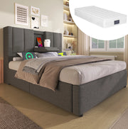 Letto imbottito 90x200 cm con vano contenitore idraulico; USB/Type-C e materasso; grigio