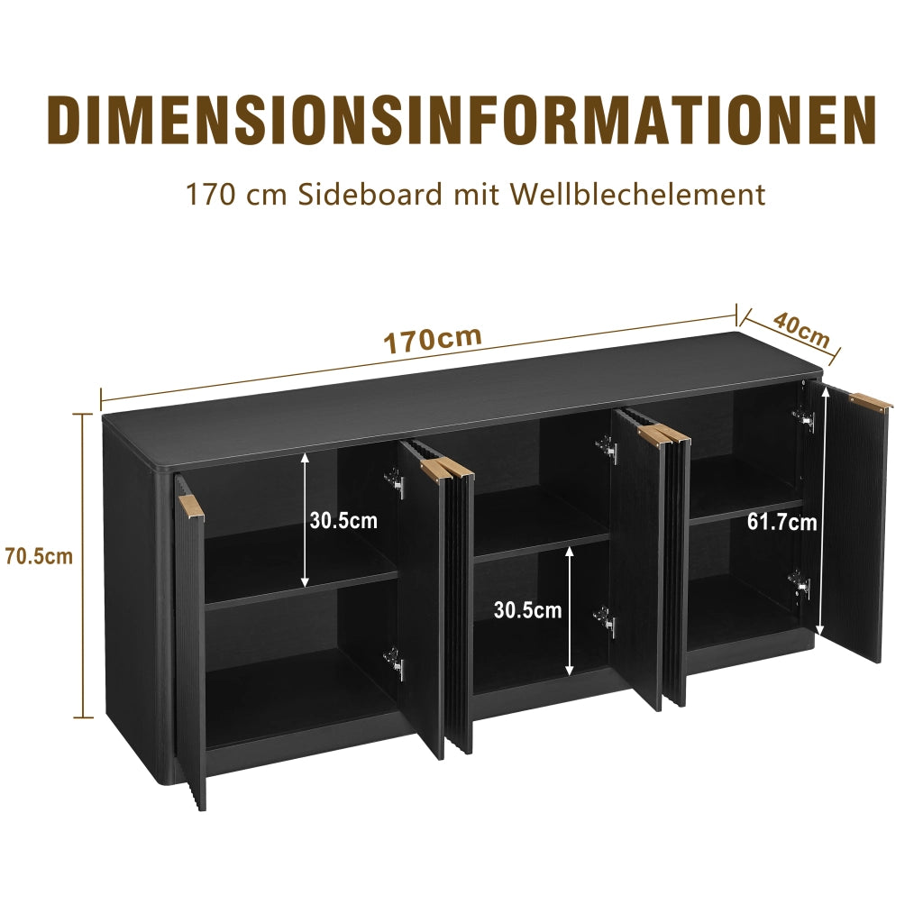 Credenza e madia con 6 ante, design ondulato, per soggiorno e cucina, in MDF, nero, 170 × 40 × 70.5 cm