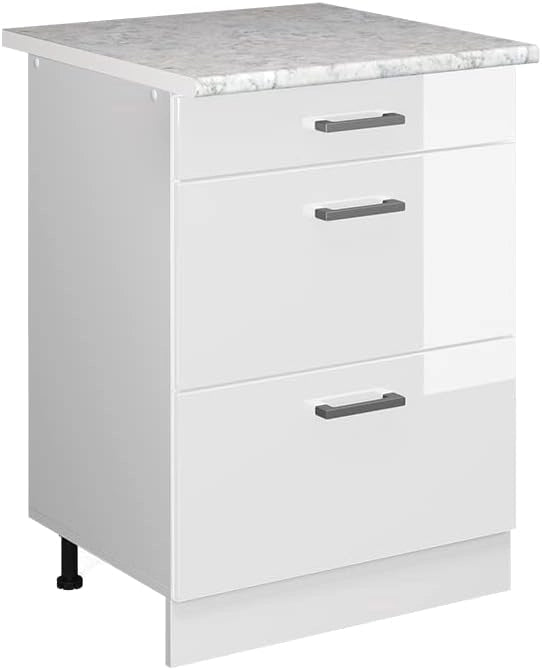 Mobiletto base per cucina R-Line, Bianco lucido, 60 cm con cassetti PL Marmo, per la libera combinazione all'interno di sistemi cucina modulari