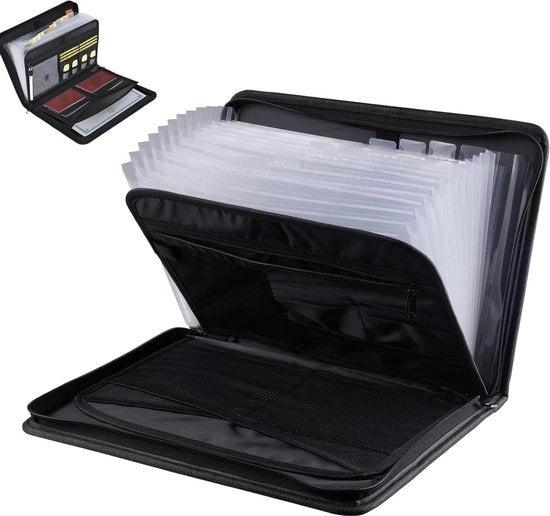 Map periferici A4 con 13 compartimenti e etichette - Tas documenti A4 con chiusura a cerniera - Espandibile per laptop - Ideale per ufficio, casa e scuola - Nero.