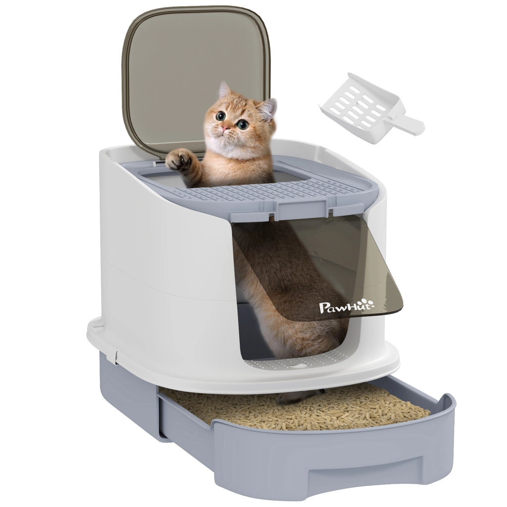 Arenero per Gatti con Bandeja Estraibile e Pala ¨C zephmum ¨C 40.5x52.5x42.5 cm Bianco Grigio