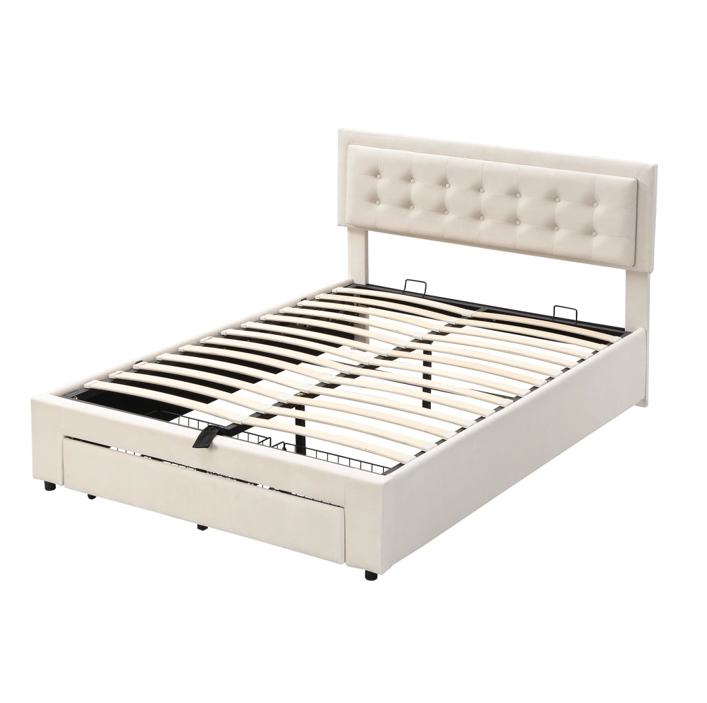 Letto in velluto beige con testiera regolabile e cassetti
