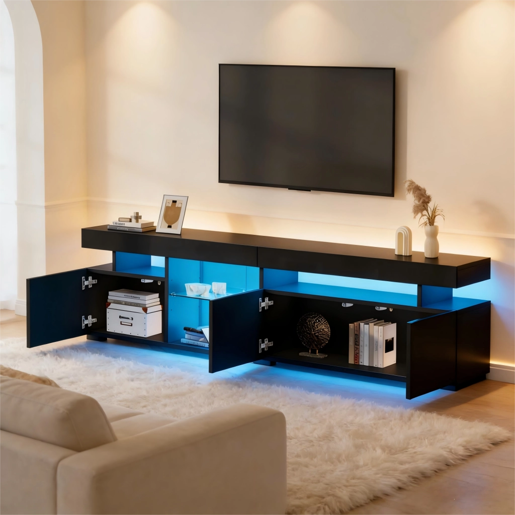 Cassettiera per TV nera in truciolato; 180 x cm