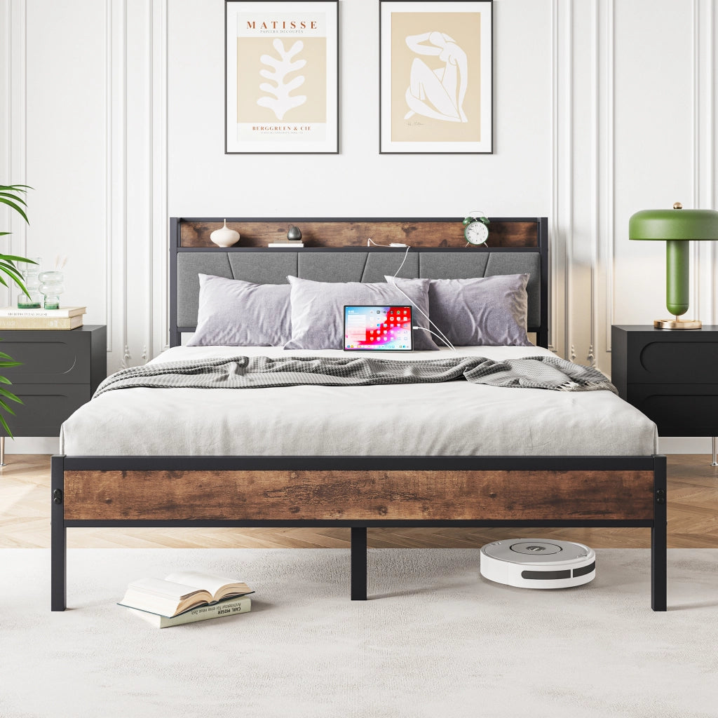 LETTO 140x200 cm con testiera contenitore, MDF e metallo, marrone antico
