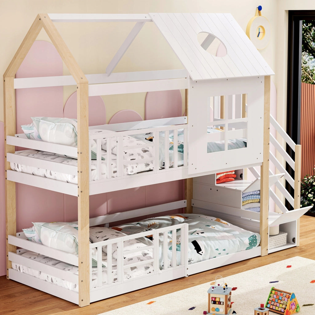 Letto a castello con ripostiglio - Xylo - 90x200 - Bianco-legno