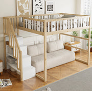 Letto a soppalco per bambini 140x200 cm in legno massello; con scala e ripiani; naturale e bianco