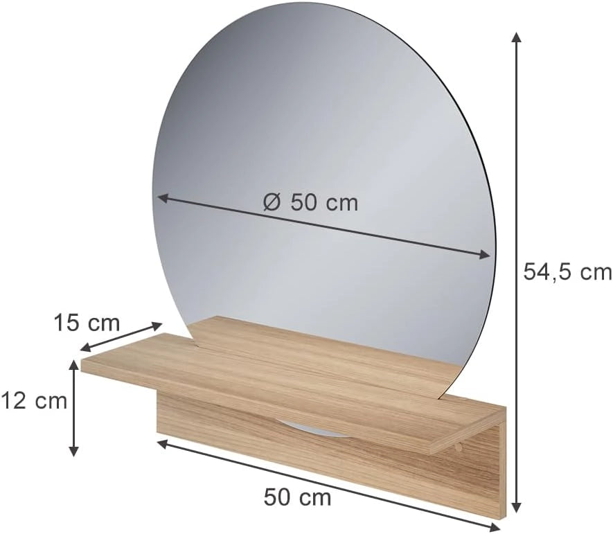 Specchio bagno Elyra, Quercia dorata, 50 x 54.5 cm con ripiano, adatto al montaggio a parete per l'uso quotidiano