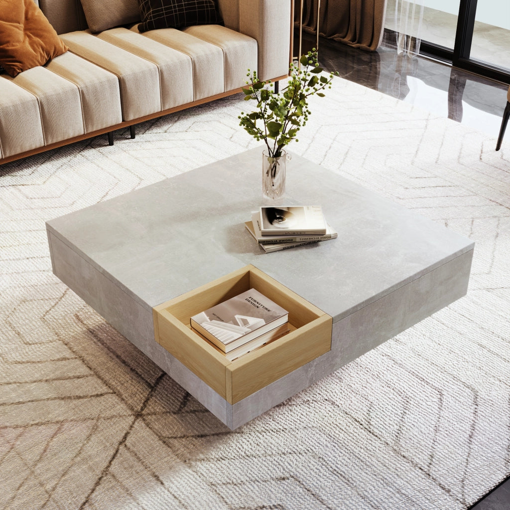 OKWISH Tavolino da Salotto Quadrato con Scatola Contenitore Estraibile, Struttura Stabile, per Soggiorno, in Truciolare, Grigio, 72 x 72 x 30 cm