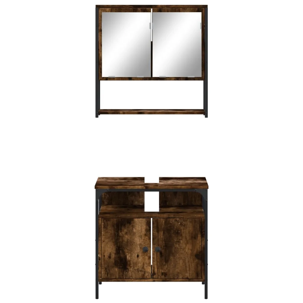 Set Mobili da Bagno | Armadio da bagno 2 pz Rovere Fumo in Legno Multistrato