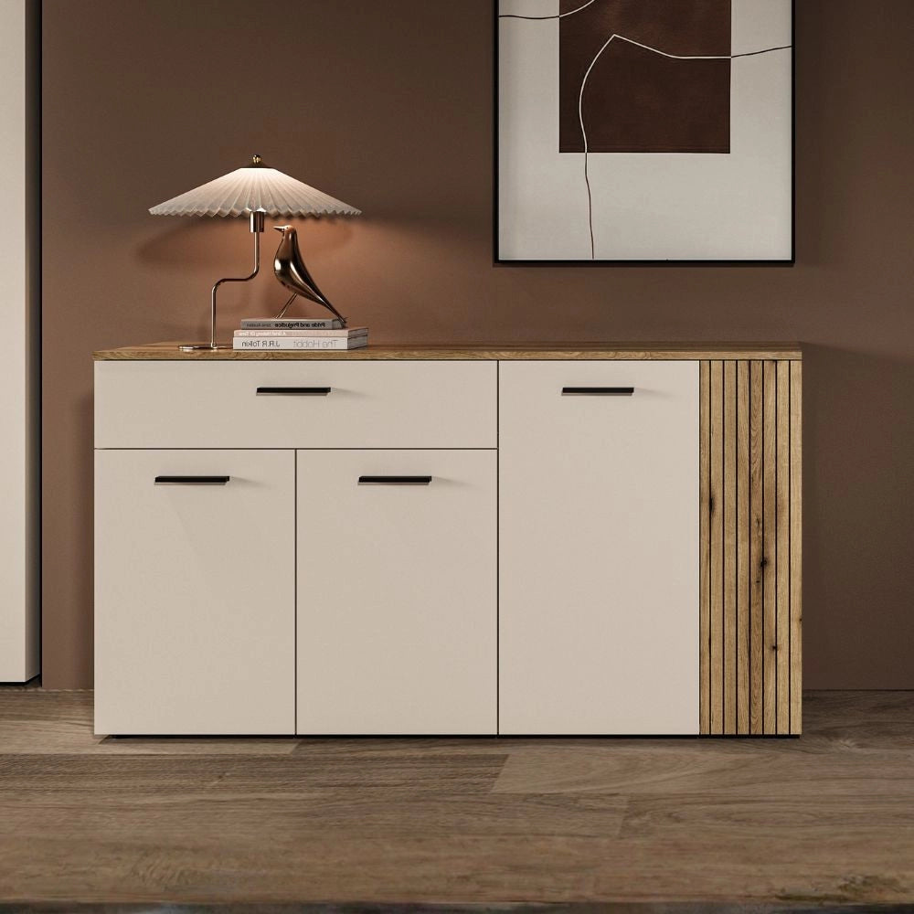 Credenza 4 ante e 1 cassetto Frezo03 cashmere e rovere con listelli verticali 150x42x83H