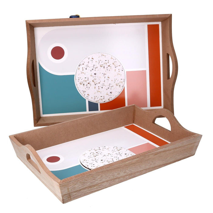 Set 2 Vassoi Rettangolari da Cucina in Legno Marrone