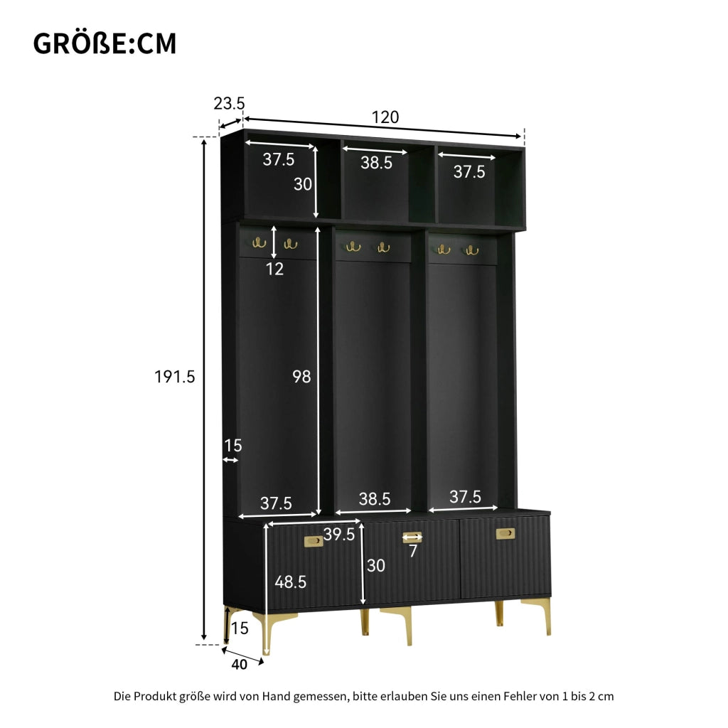 Guardaroba da ingresso multifunzionale con panca, scarpiera e ganci, colore nero, 120 x 23,5 x 191,5 cm