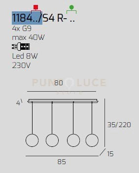 SOSPENSIONE OTTONE SAT. 4 LUCI RETTANGOLARE VETRI 2X FU + 2X BR 1184OS-S4 R-FB