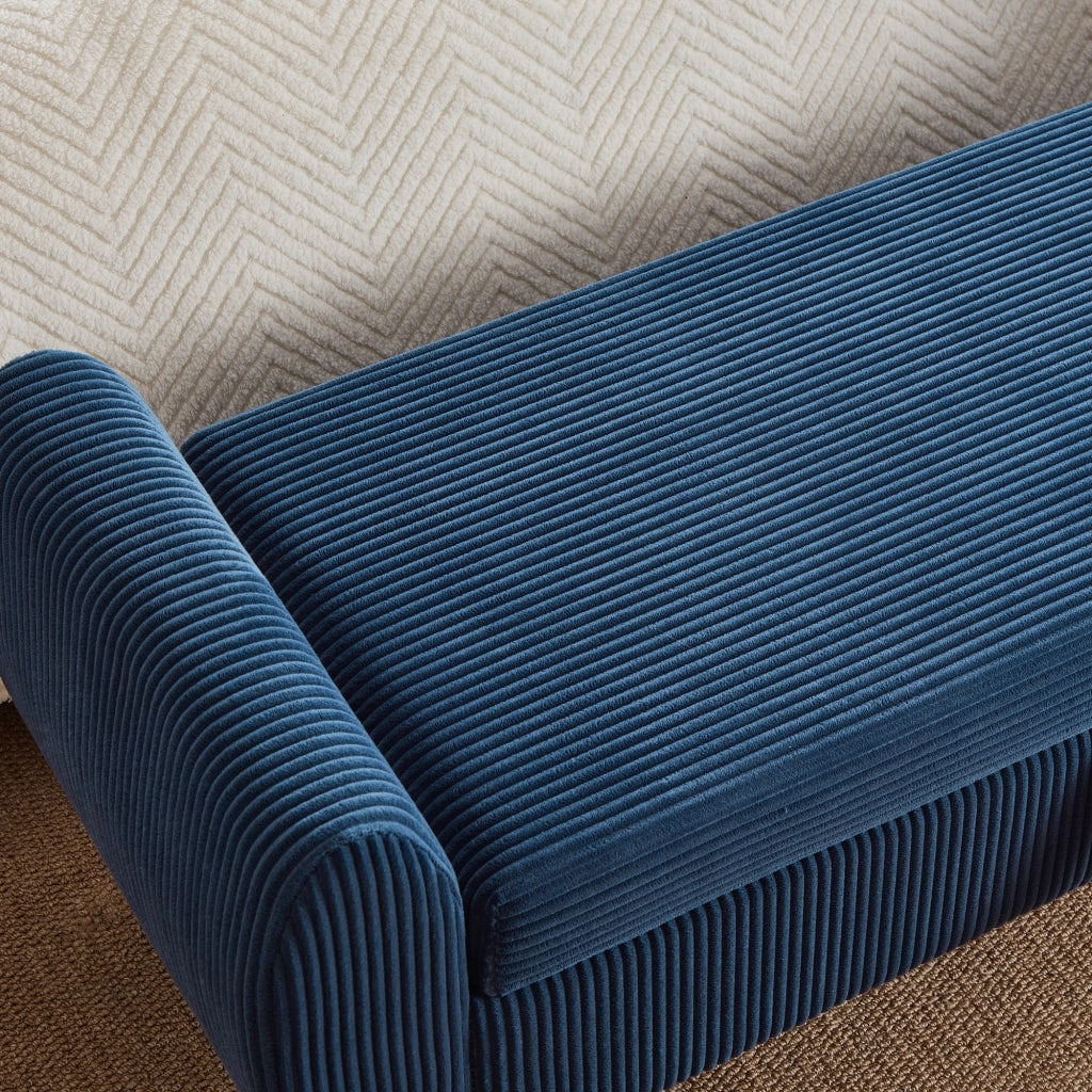 Banc a contenitore pieghevole con vano portaoggetti e gambe in legno, in velluto a coste blu per camera e soggiorno
