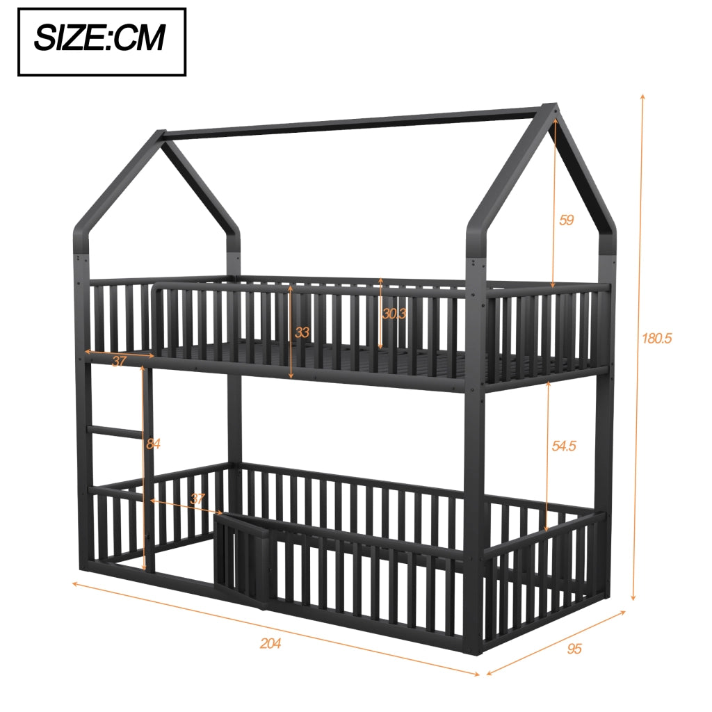 Letto a castello in metallo 90x200 cm con scala frontale, design a casa, nero