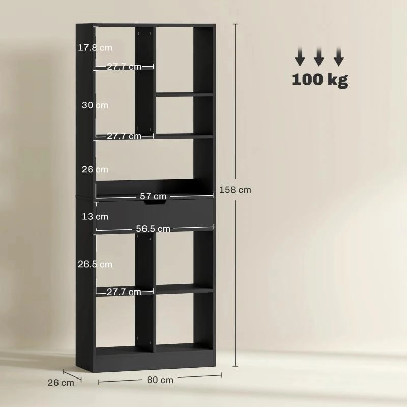 LIBRERIA MODERNA IN LEGNO CON CASSETTO CENTRALE E KIT ANTIRIBALTAMENTO, 60X26X158 CM, NERO