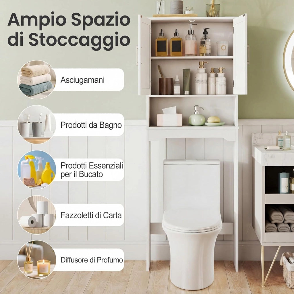 Mobile da Bagno Sopra WC 169 cm, Scaffale Salvaspazio con Doppie Ante e Ripiano Regolabile, Mobiletto Moderno in Legno per Bagni Piccoli e Lavenderia, 62 x 23 x 169 cm