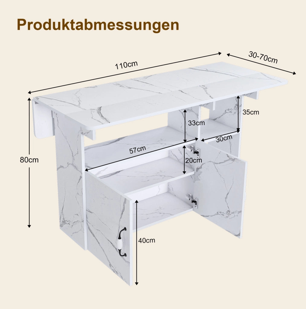 Tavolo pieghevole mobile 3 in 1 110x70x80 cm in MDF bianco con 5 ruote e vani portaoggetti