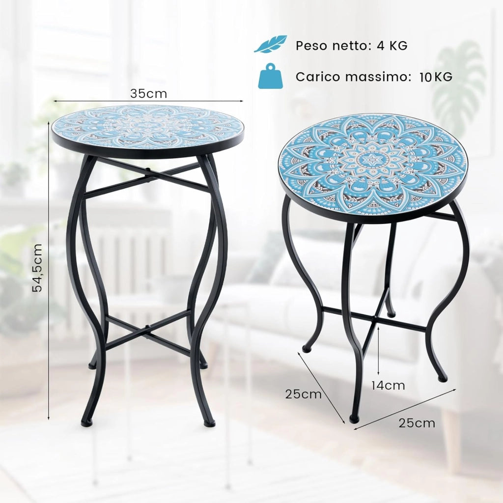 Tavolino per Esterno ed Interno, Tavolino Rotondo con Piano in Piastrelle di Ceramica e Gambe di Metallo, Tavolino Porta Piante da Balcone, Giardino e Salotto