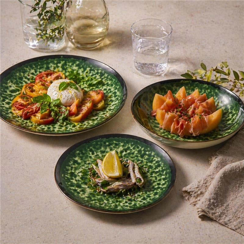 MA MAISON SERVIZIO PIATTI 18 PEZZI STILE ASTRATTO VERDE 6 FONDI - 6 PANI - 6 DA DESSERT PER LAVASTOVIGLIE E MICROONDE 6 PERSONE