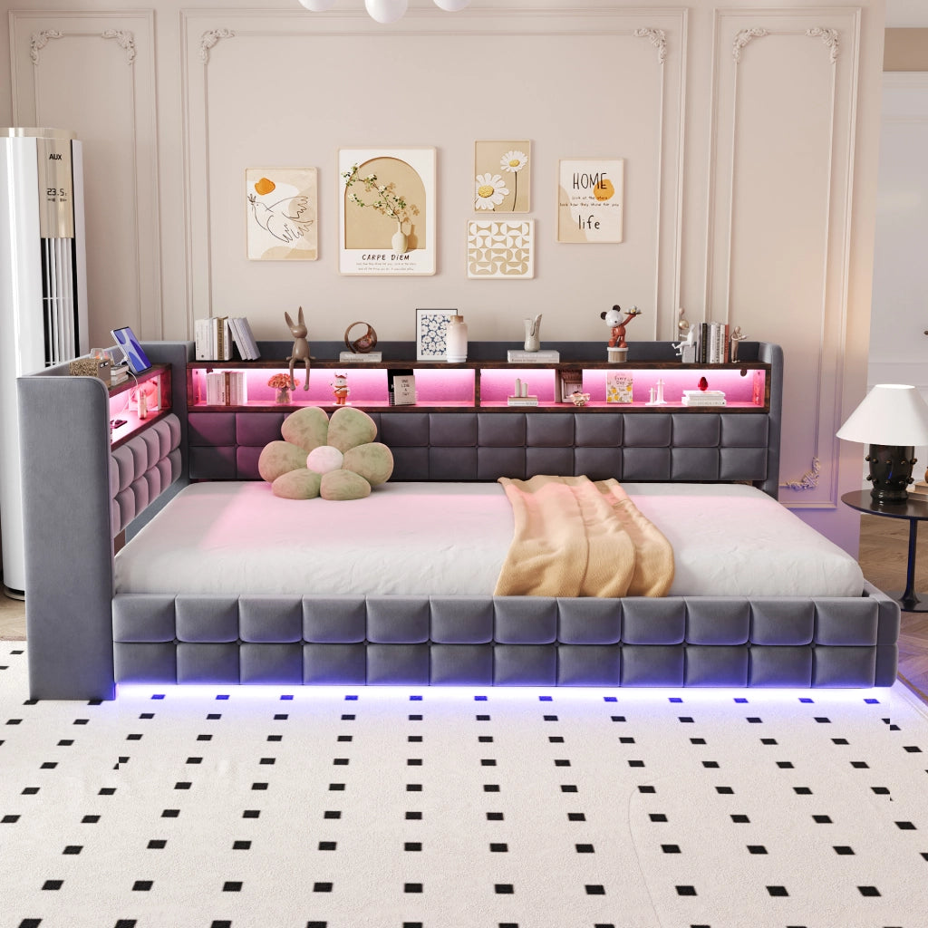 Divano letto multifunzionale in velluto grigio scuro 90x200 vano ripiano LED USB