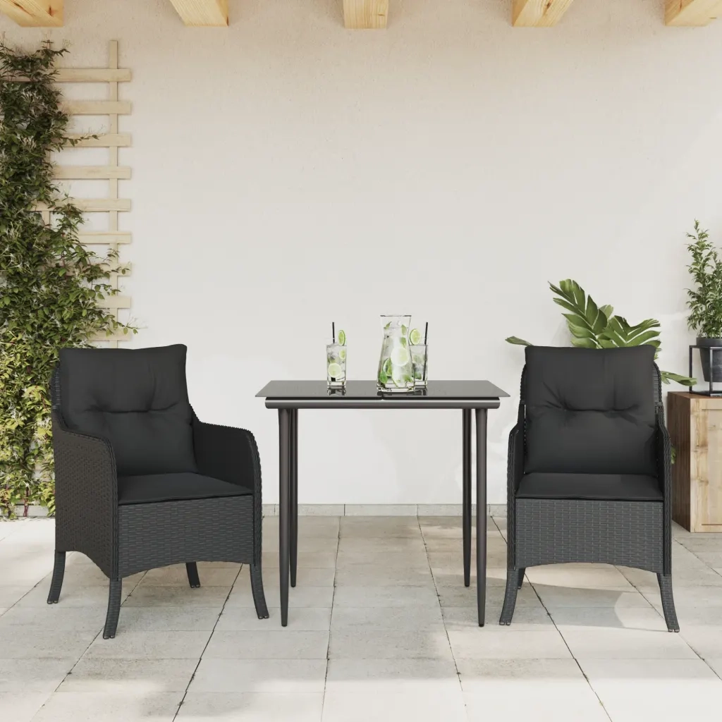 Set da Pranzo da Giardino 3 pz | Set Salotto da Giardino con Cuscini Nero in Polyrattan